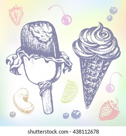 Hand-drawn Ice cream vector sketch illustration set.This fresh ice-cream set drawn with some ice cream fruit ingredients: strawberry, lime, cherry, lemon, ice, lemon strawberry and fruit slices.