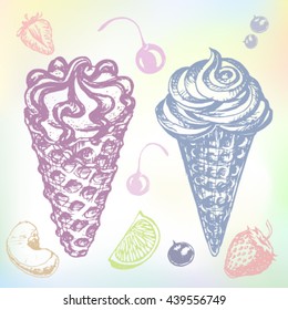 Hand-drawn Ice cream vector sketch illustration set.This fresh ice-cream set drawn with some ice cream fruit ingredients: strawberry, lime, cherry, lemon, ice, lemon strawberry and fruit slices.