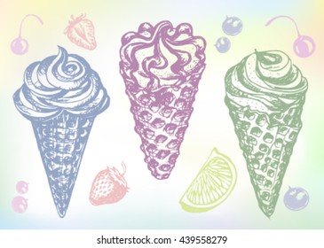 Hand-drawn Ice cream vector sketch illustration set.This fresh ice-cream set drawn with some ice cream fruit ingredients: strawberry, lime, cherry, lemon, ice, lemon strawberry and fruit slices.