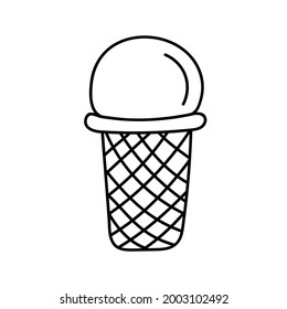 Hand-drawn ice cream in a waffle cone in doodle style. Vector illustration.