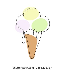 Hand-drawn ice cream in a waffle cone isolated on a white background, linear illustration, vector. Colorful ice cream balls in a cup. Summer delicious cold refreshing dessert, sweet food.