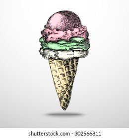 Hand-drawn icecream in cone sketch, colorful isolated vector illustration.