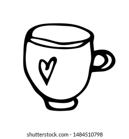 Hand-drawn icon a big cup of tea or coffee, a drink and a graphic heart on a white isolated background for use in design, doodle illustration