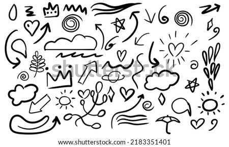 Handdrawn icon draft leaf and arrow or heart. Abstract pencil branch black and doodle collection vector illustration. Cute drawing flora freehand icons and line set. Sketch sticker swoosh element 