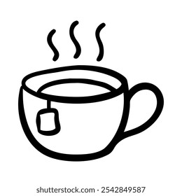 Hand-drawn icon of a hot tea cup, symbolizing warmth and relaxation.