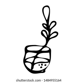 Hand-drawn icon houseplant in a vase or pot, branch, leaves, botany on a white background isolated for use in design, doodle illustration