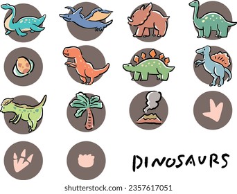 Hand-drawn icon illustration set of dinosaurs