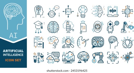 Hand-drawn Icon Set Artificial Intelligence and Technology - Including Assistant - Science - Education - Robotics and More