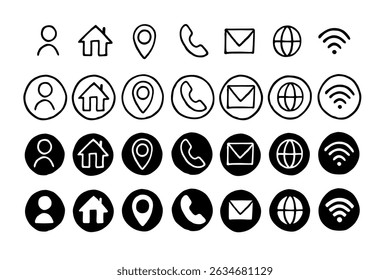 Handdrawn Icon Set for Business Cards. Name, Location, Home, Phone, Mail, Website and Wifi symbols.