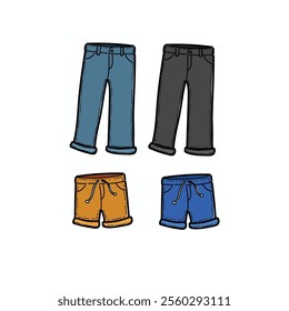 Hand-drawn icon set featuring casual clothing pieces, including pants and shorts in vibrant colors, presenting a playful style ideal for fashion design, clothing stores and apparel-themed projects.