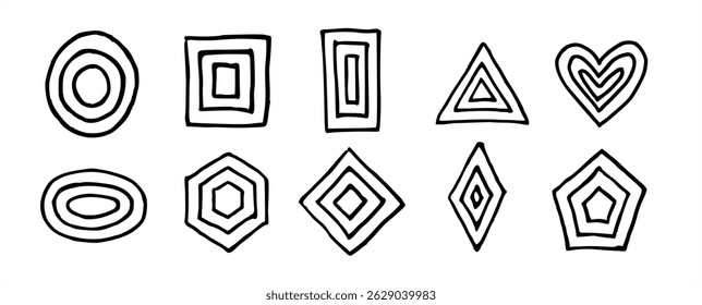 Hand-drawn Icon Set of Geometric Shapes. Outlines made with pen and ink. Retro Vintage Pattern Elements for backgrounds. 