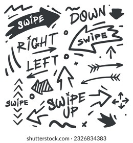 Handdrawn icon. Set of vector doodle stickers for social network. Black and white arrow. Sticker for turning pages on the Internet. Template for post, story. Monochrome flat bubble with word. Up. Text