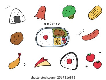 Hand-drawn icon style illustration set of bento ingredients