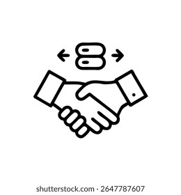 Handdrawn icon of two hands shaking with two pill-shaped objects arrows handshake