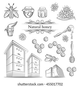 Hand-drawn icons bees and honey. Label honey spoon, beehives and flowers. Honey icons in vintage style. Vector illustration.