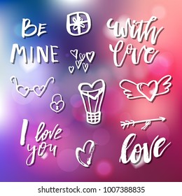 Handdrawn icons and clip art. Calligraphy for invitation, greeting card, prints, posters. Hand drawn typographic inscription, lettering design. Vector Happy Valentines day holidays quote.