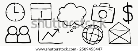 Hand-drawn icons: clock, calendar, camera, dollar sign, graph, globe, envelope, and people. Simple, sketchy style for creative designs and presentations. Doodle element vector set.