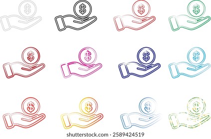 Hand-drawn icons, colorful outlines, dollar signs in circles, open palms, financial symbols, minimalist design, money management concept, various pastel colors, simple line art, repeated motif, symmet