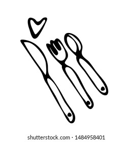 Hand-drawn Icons Cutlery Knife, Fork, Spoon And Graphic Heart Decoration On A White Isolated Background For Use In Design, Doodle Illustration