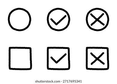 Diseño de iconos dibujados a mano con marca de verificación y marca cruzada dentro de círculos y cuadrados, y un cuadrado y círculo vacío. Ilustración vectorial simbólica aislada.
