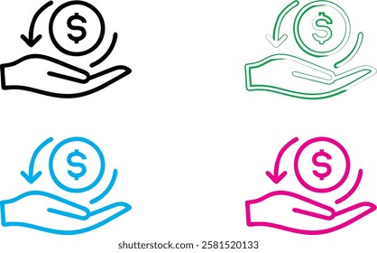 Hand-drawn icons, dollar signs, money symbols, open palms, financial concept, simple line art, minimalist design, four color variations, white background, graphic design elements, currency symbols, re