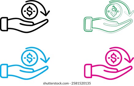 Hand-drawn icons, dollar signs, money symbols, open palms, financial concept, simple line art, minimalist design, four color variations, white background, graphic design elements, currency symbols, re