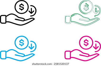 Hand-drawn icons, dollar signs, money symbols, open palms, financial concept, simple line art, minimalist design, four color variations, white background, graphic design elements, currency symbols, re