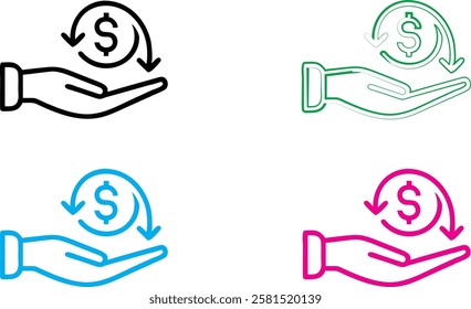 Hand-drawn icons, dollar signs, money symbols, open palms, financial concept, simple line art, minimalist design, four color variations, white background, graphic design elements, currency symbols, re