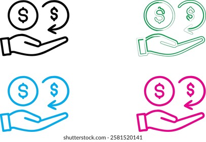 Hand-drawn icons, dollar signs, money symbols, open palms, financial concept, simple line art, minimalist design, four color variations, white background, graphic design elements, currency symbols, re