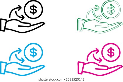 Hand-drawn icons, dollar signs, money symbols, open palms, financial concept, simple line art, minimalist design, four color variations, white background, graphic design elements, currency symbols, re