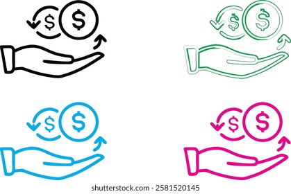 Hand-drawn icons, dollar signs, money symbols, open palms, financial concept, simple line art, minimalist design, four color variations, white background, graphic design elements, currency symbols, re