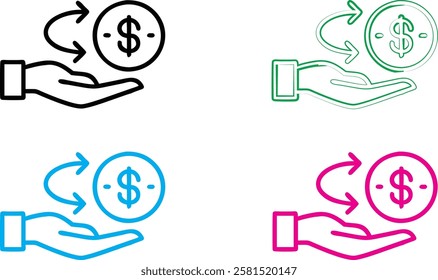 Hand-drawn icons, dollar signs, money symbols, open palms, financial concept, simple line art, minimalist design, four color variations, white background, graphic design elements, currency symbols, re