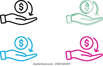 Hand-drawn icons, dollar signs, money symbols, open palms, financial concept, simple line art, minimalist design, four color variations, white background, graphic design elements, currency symbols, re