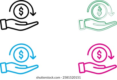 Hand-drawn icons, dollar signs, money symbols, open palms, financial concept, simple line art, minimalist design, four color variations, white background, graphic design elements, currency symbols, re