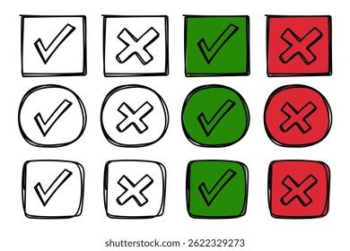 Hand-drawn icons featuring check box and crosses in different shapes and colors like green, red, and white.
