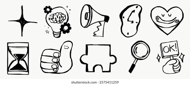 Hand-drawn icons featuring a lightbulb, megaphone, heart, hourglass, thumbs up, puzzle piece, magnifying glass, and more. Creative, artistic, sketch-style icons. Hand drawn vector set.