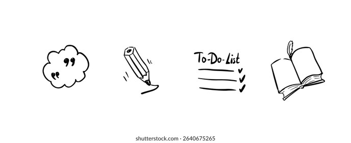 Handdrawn icons illustrating creativity and planning. Features a cloud with quotes, pencil, checklist, and book. Black and white style represents writing and organization.