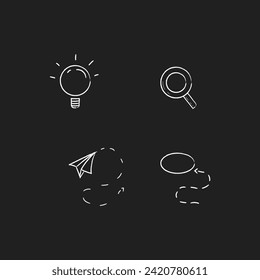 hand-drawn icons of inspiration icons such as light bulbs, paper airplanes, magnifying glasses and hint arrows