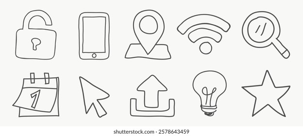 Hand-drawn icons: lock, phone, location, Wi-Fi, magnifying glass, calendar, upload, light bulb, star. Simple, sketchy style icons for tech and navigation. Hand drawn business elements, vector set.