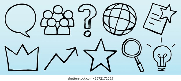Hand-drawn icons on a blue background. Includes speech bubble, group, question mark, globe, document, crown, graph, star, magnifying glass, light bulb. Doodle element vector set.