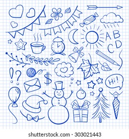 Hand-drawn icons on a checkered paper background