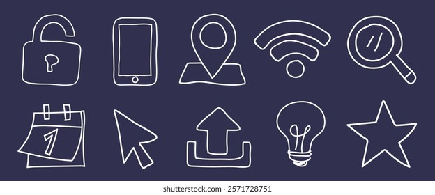 Hand-drawn icons on a dark background: lock, phone, location, Wi-Fi, magnifying glass, calendar, cursor, upload, light bulb, star. Simple, sketchy style. Hand drawn business elements, vector set.