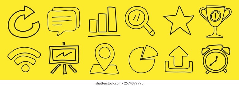 Hand-drawn icons on a yellow background. Includes magnifying glass, trophy, and chart. Simple, sketch-style icons for creative projects and designs. Hand drawn business elements, vector set.