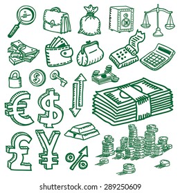 Hand-drawn icons related to finance in green.