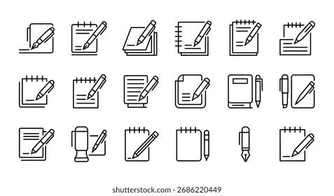 Ícones desenhados à mão que representam a escrita de anotações e o vetor de coleção de elementos de papel de carta