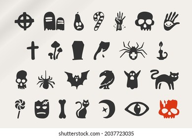 Hand-drawn icons set for your Halloween party design with famous metaphors. Perfect for your party posters, cards, invitations, apparel prints, and much more.