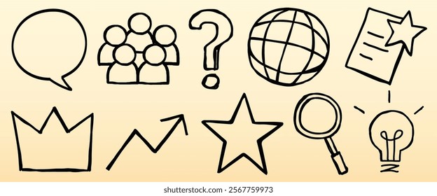 Hand-drawn icons: speech bubble, group, question mark, globe, document, crown, graph, star, magnifying glass, light bulb. Simple, sketchy, black lines. Doodle element vector set.