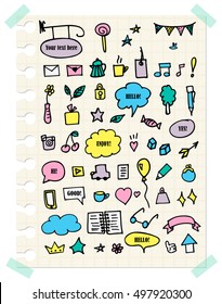 Hand-drawn icons, stickers, banner, label. Design elements, vector set.