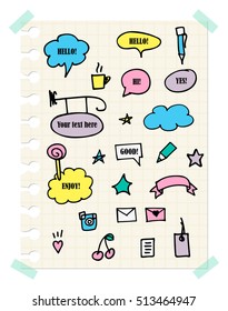 Hand-drawn icons, stickers, banner, label. Design elements, vector set.