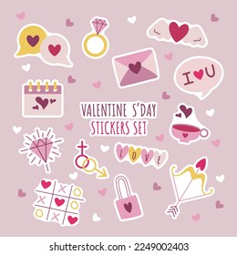 Pegatinas de iconos dibujados a mano para el día de San Valentín. Conjunto de lindos stickers de amor vectorial para el planificador diario y diario. Recopilación de elementos de diseño de scrapbooking para el día de San Valentín